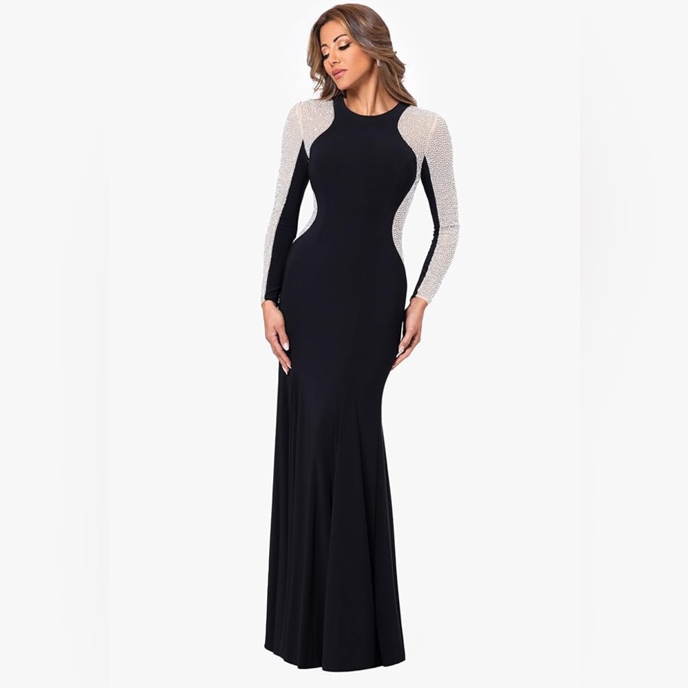 Xscape Women Long Sleeve Beaded Contour GownSpecial Occasion Dress Black Size 10 - Picture 4 of 7